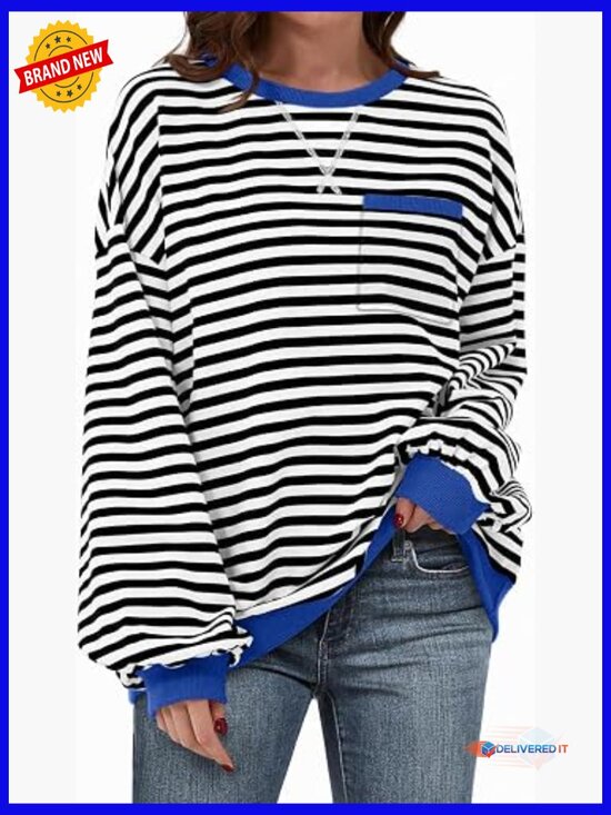 Other - Oversized Crewneck Sweatshirt Dropped Shoulders Striped Pullover Long Sleeve Top
